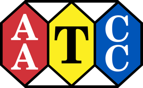 Hexagonal logo featuring red "A", yellow "T", and blue "C" letters, separated by white triangles. Bold design on a black backdrop.